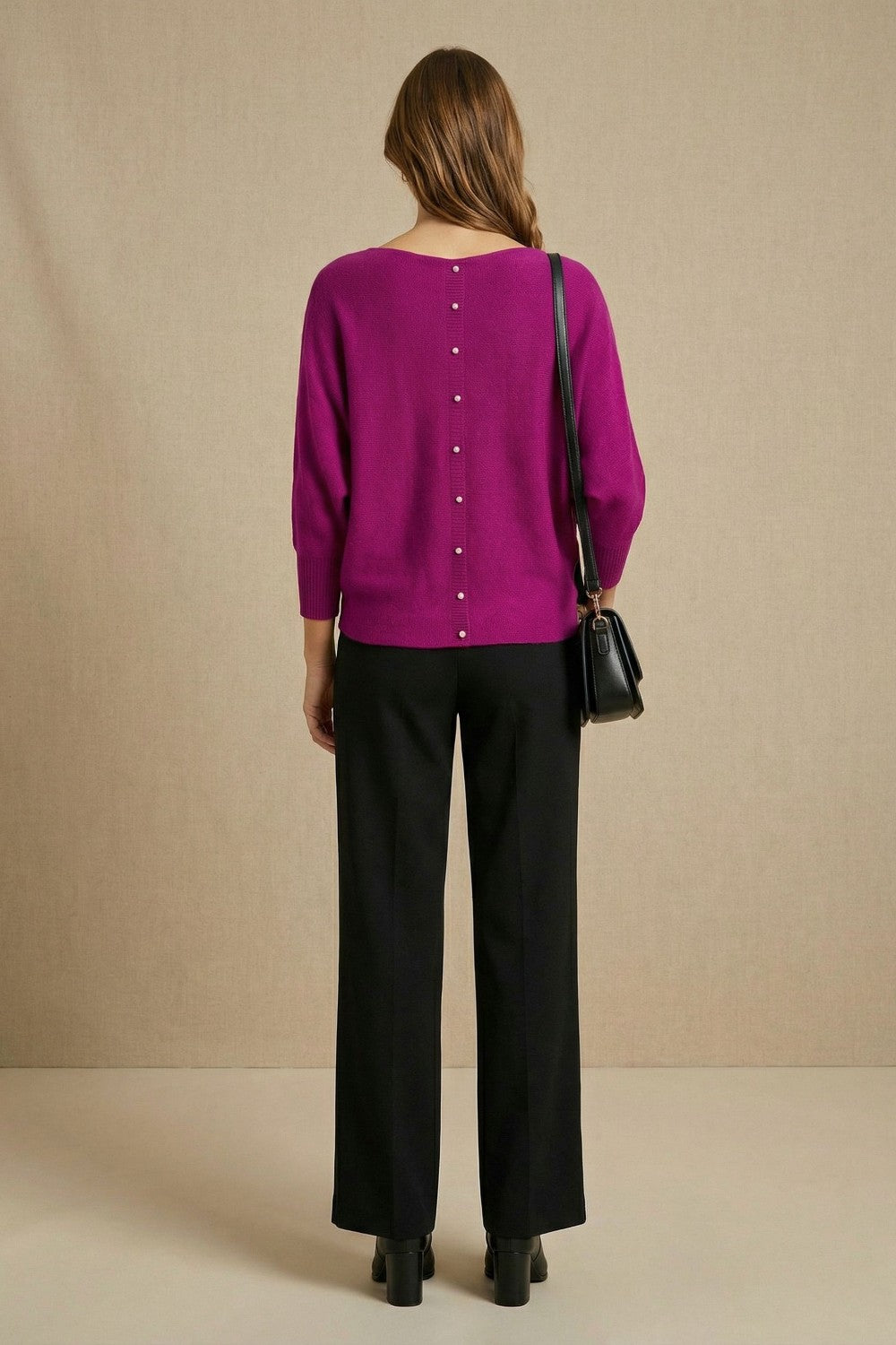 Pearl Detail Soft Knit Top in Magenta