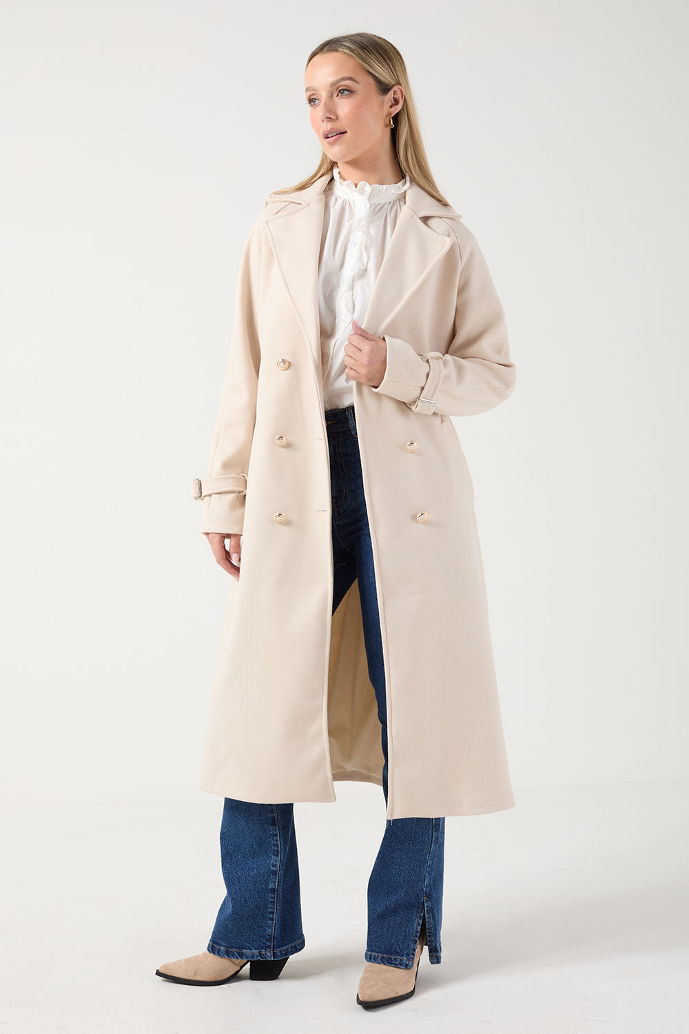 Angela Long Belted Coat in Cream