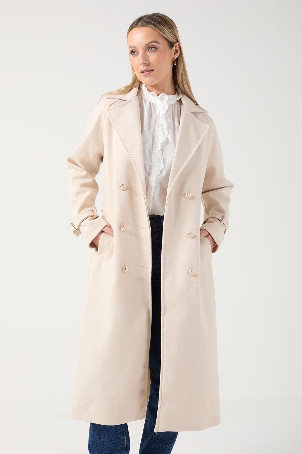 Angela Long Belted Coat in Cream