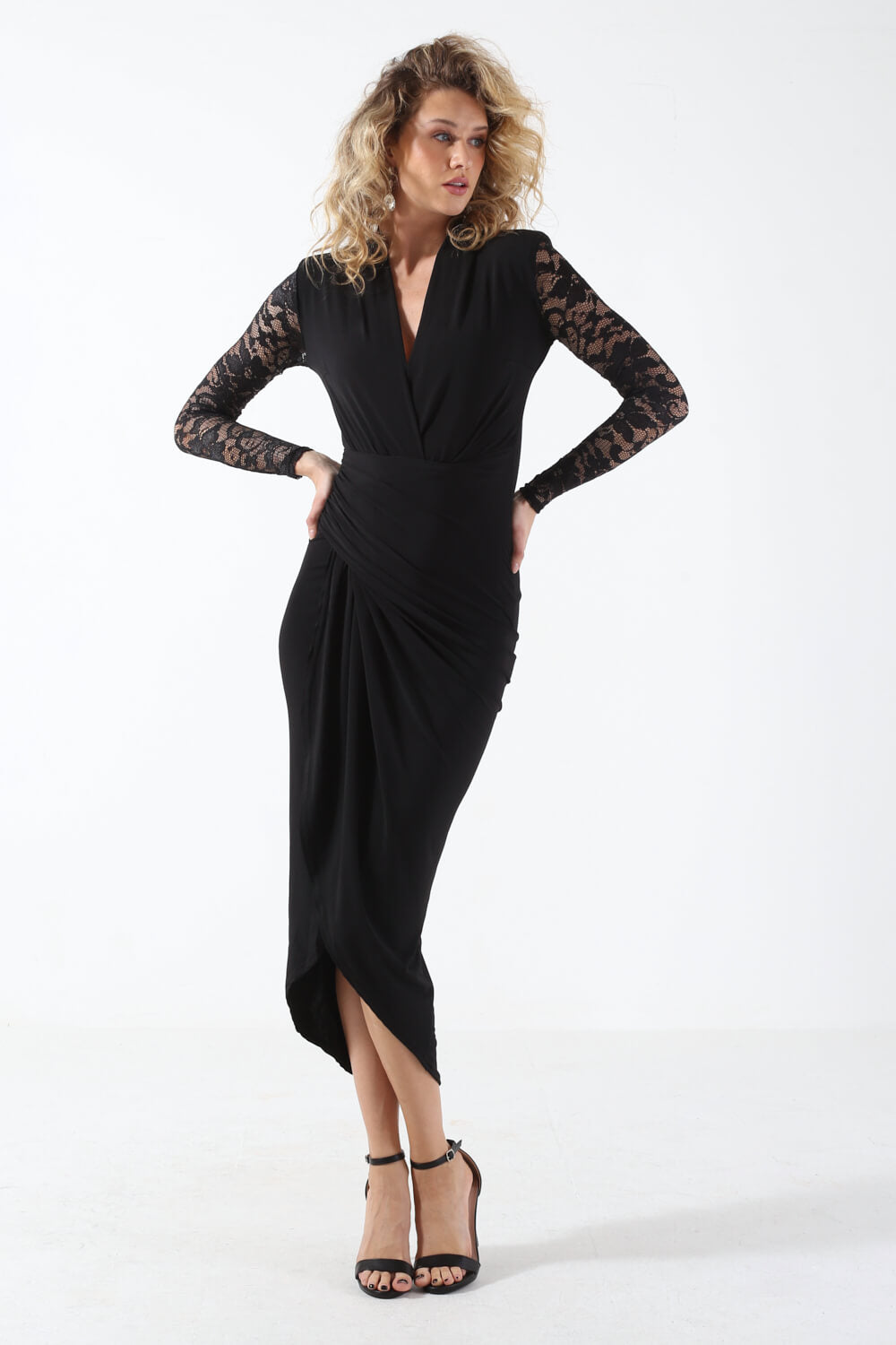 Kim Deep V Lace Sleeve Midi Dress in Black