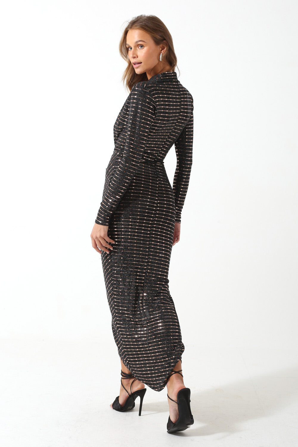 Kim Sequin Midi Dress in Black and Bronze