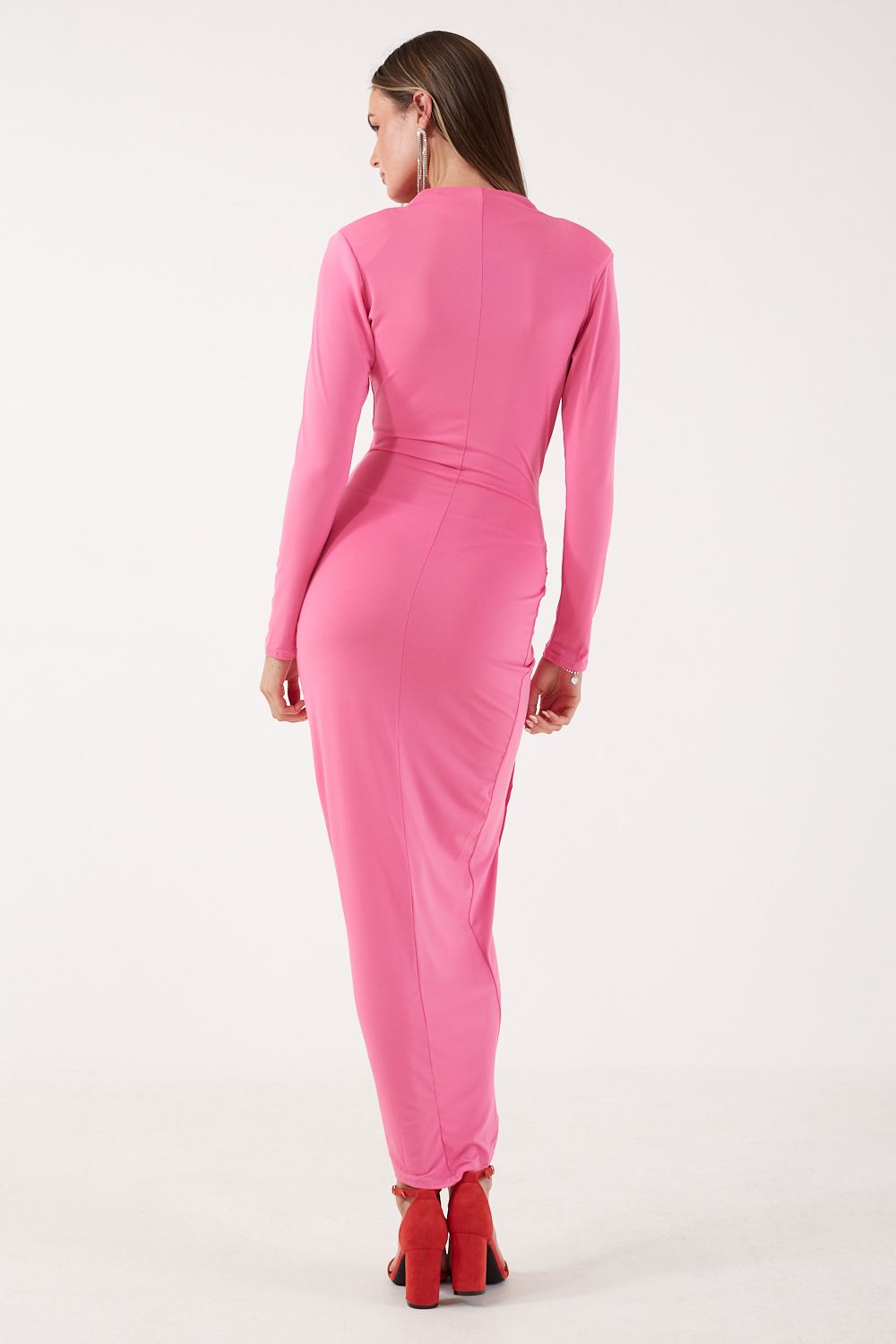 Kim Deep V Midi Dress in Cerise