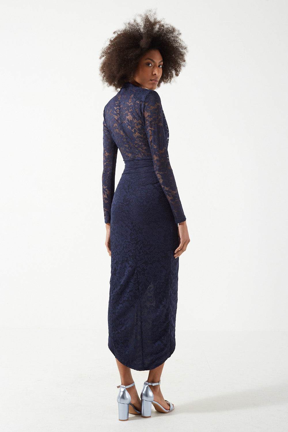 Kim Deep V-Neck Lace Midi Dress in Navy
