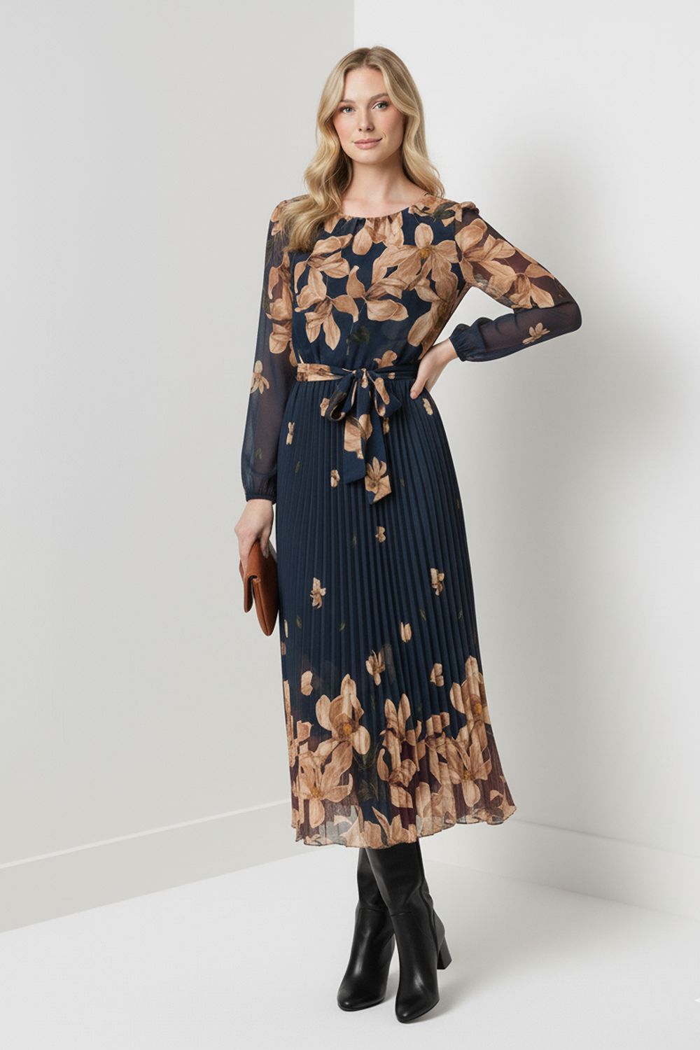 Kyla Pleated Midi Dress in Navy