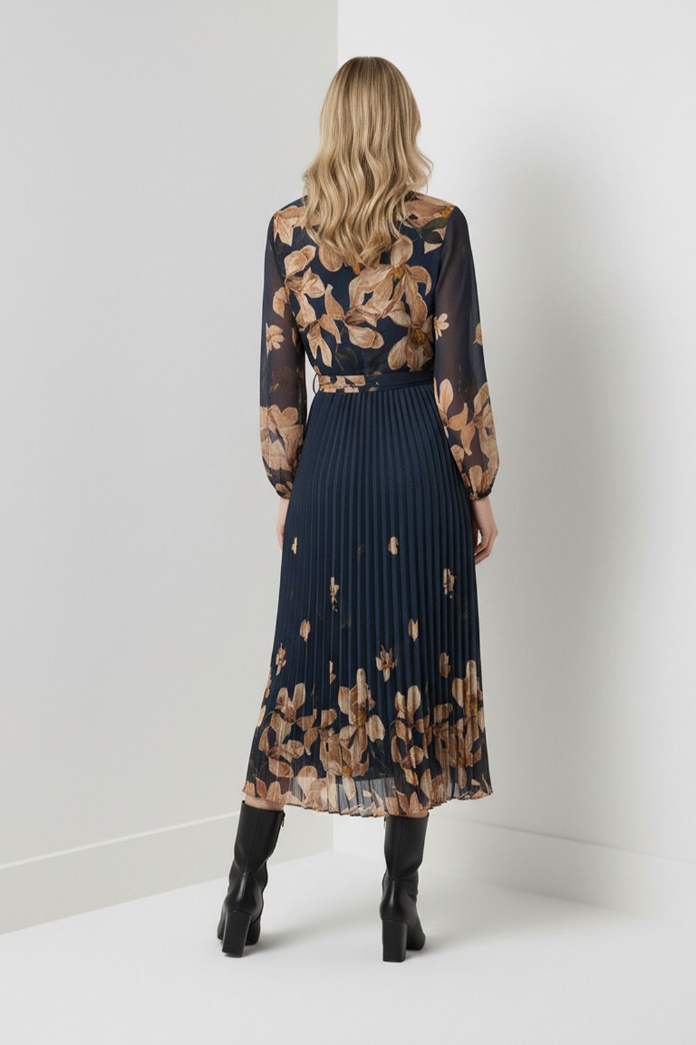 Kyla Pleated Midi Dress in Navy