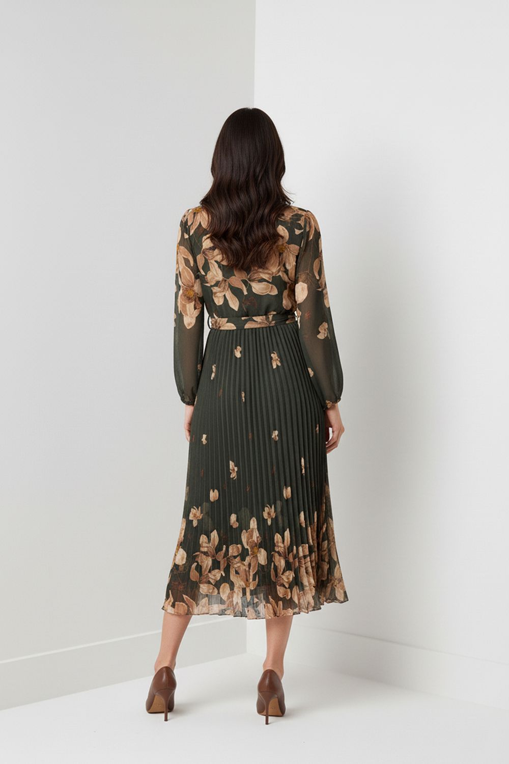 Kyla Pleated Midi Dress in Khaki