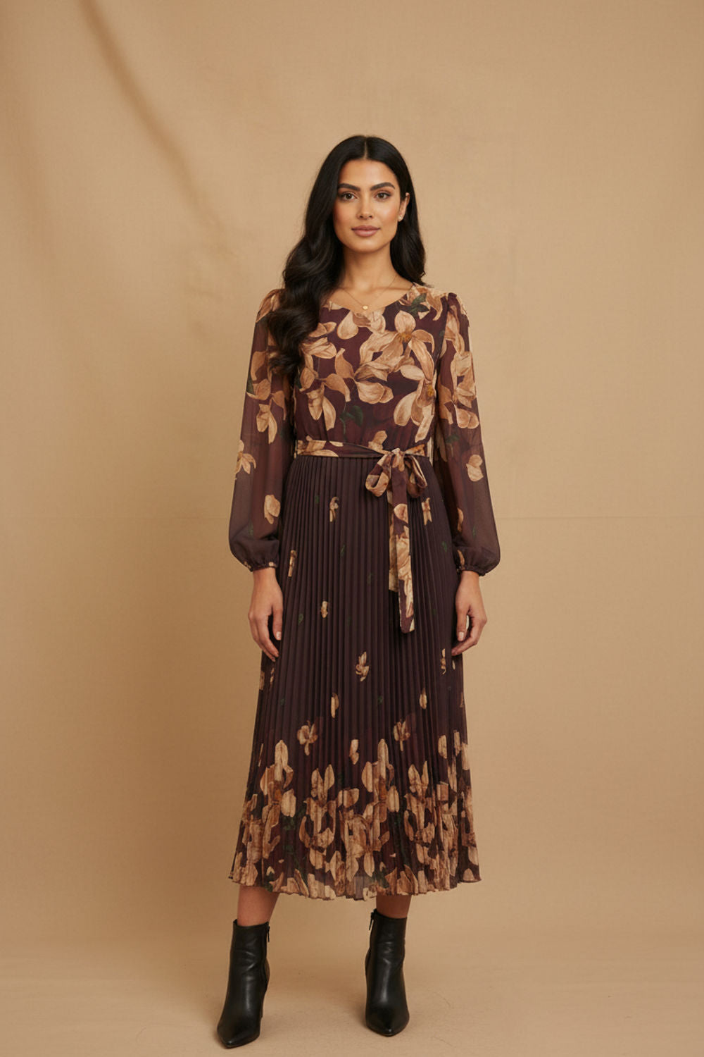 Kyla Pleated Midi Dress in Burgundy