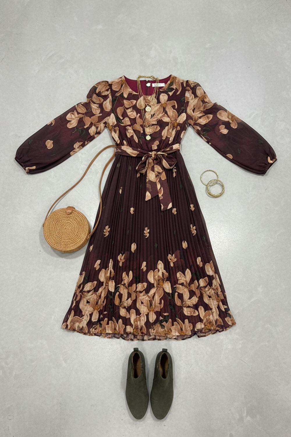 Kyla Pleated Midi Dress in Burgundy