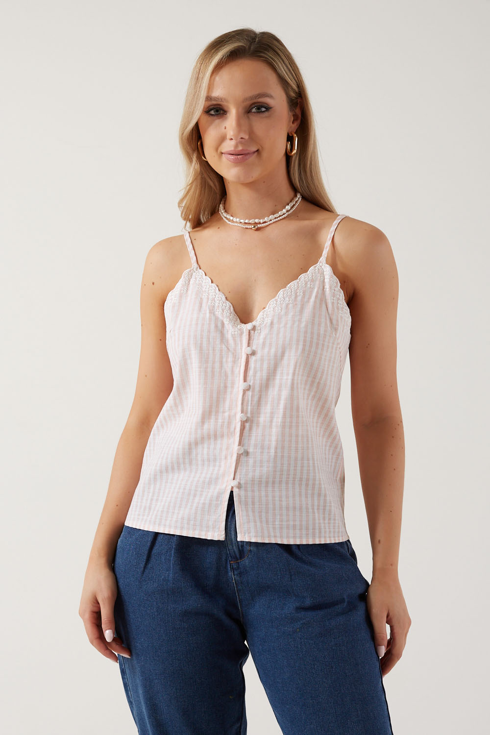 Anitta Striped Embroidered Strappy Top in Pink