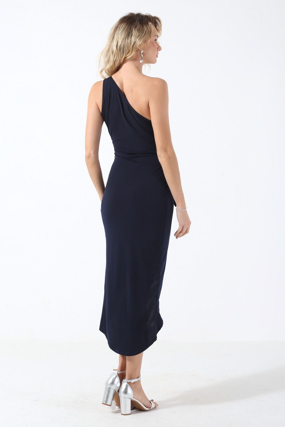 Alison Asymmetric Wrap Over Dress in Navy
