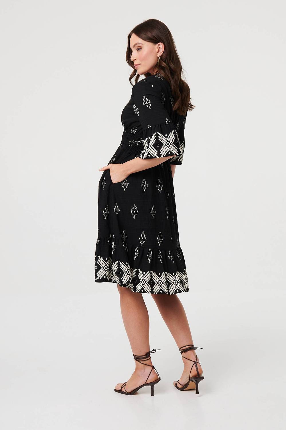 Printed V-neck Knee Length Smock Dress