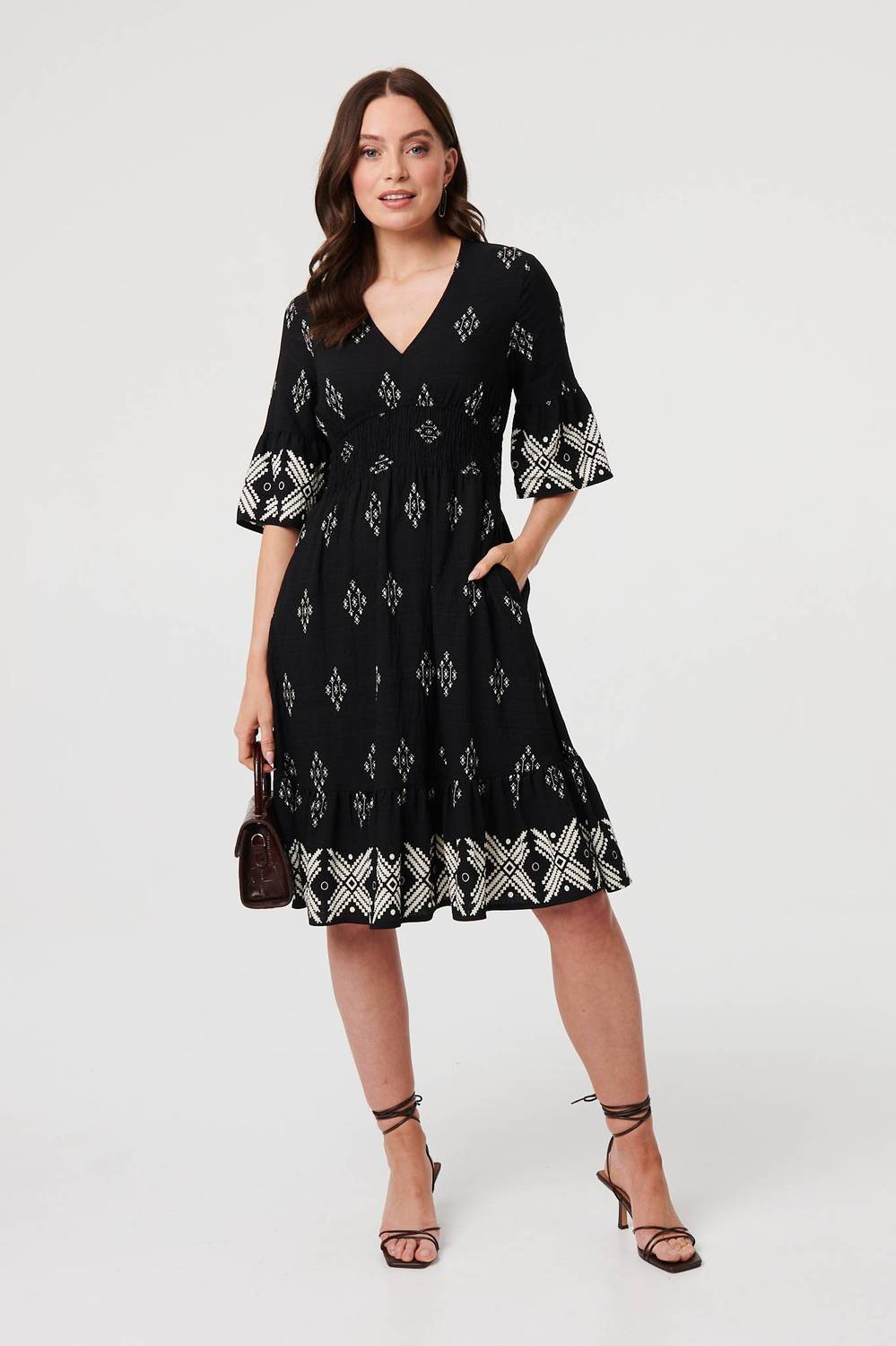 Printed V-neck Knee Length Smock Dress
