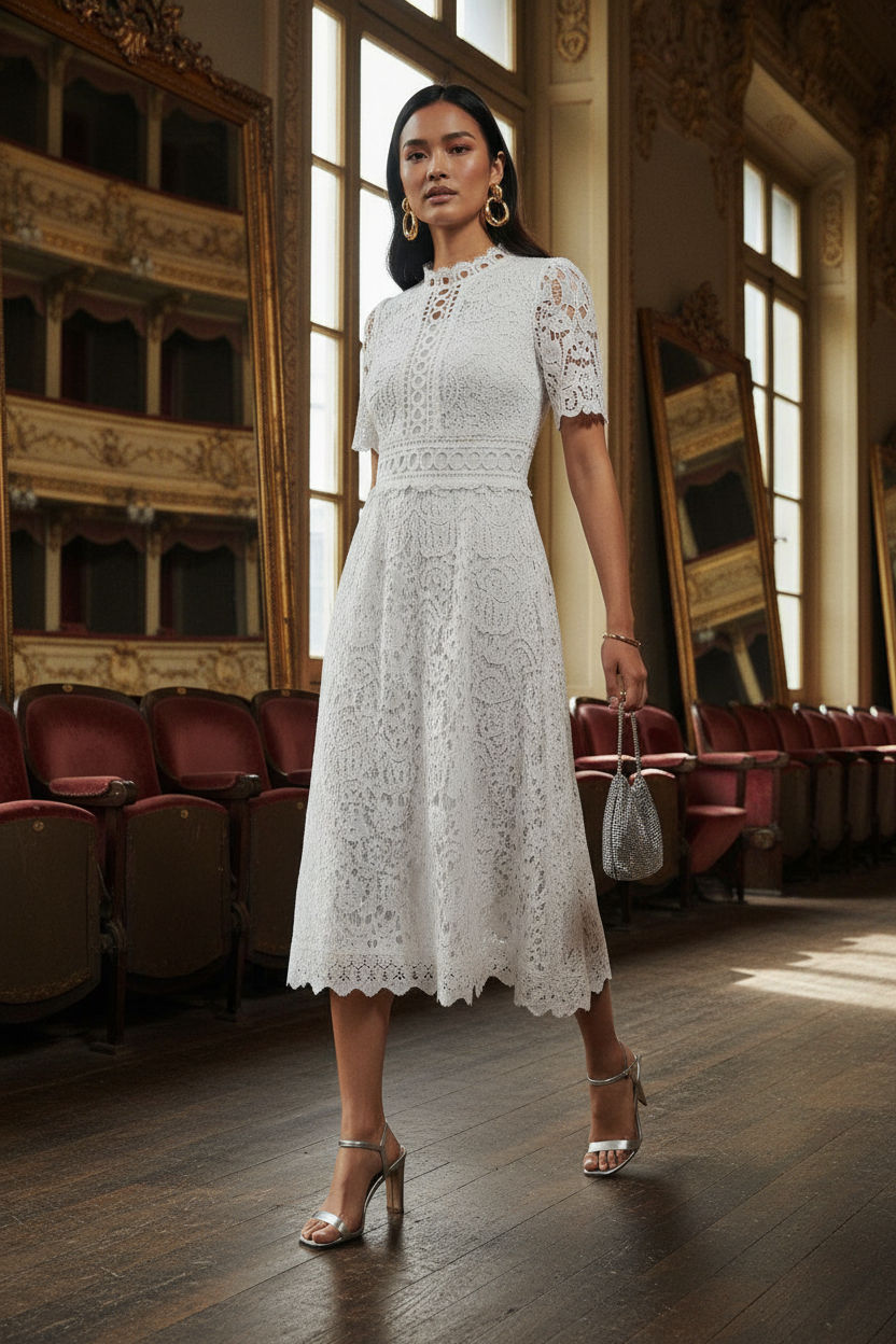 Floral Lace Midi Dress in White