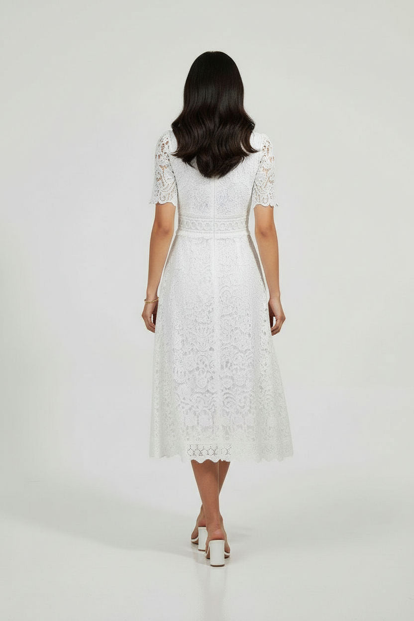 Floral Lace Midi Dress in White