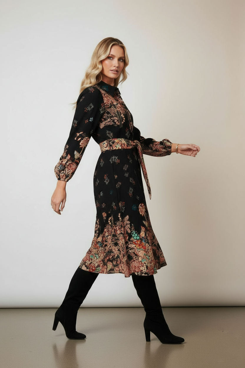 Floral Tie Waist Maxi Shirt Dress in Black