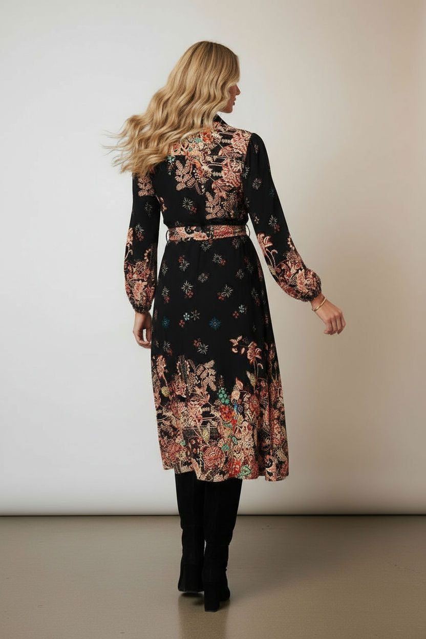 Floral Tie Waist Maxi Shirt Dress in Black