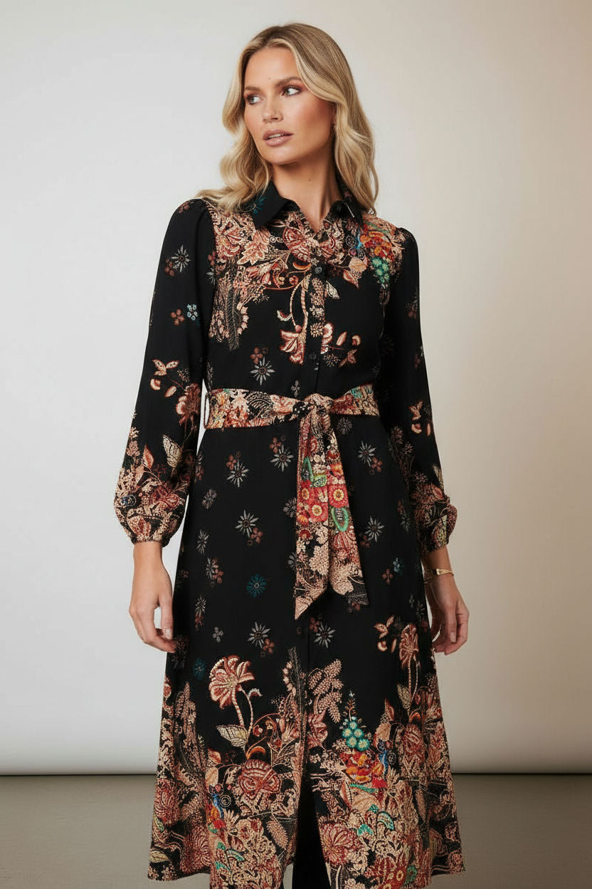 Floral Tie Waist Maxi Shirt Dress in Black
