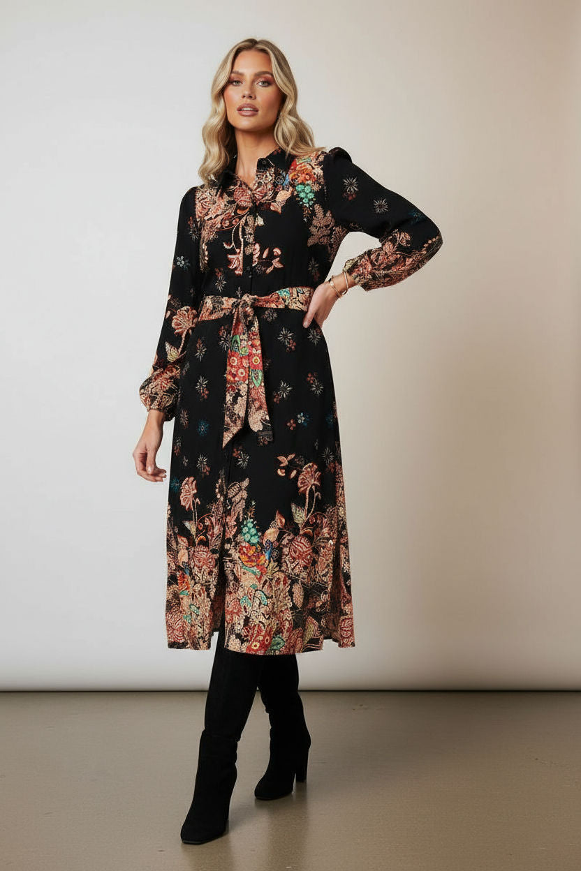 Floral Tie Waist Maxi Shirt Dress in Black