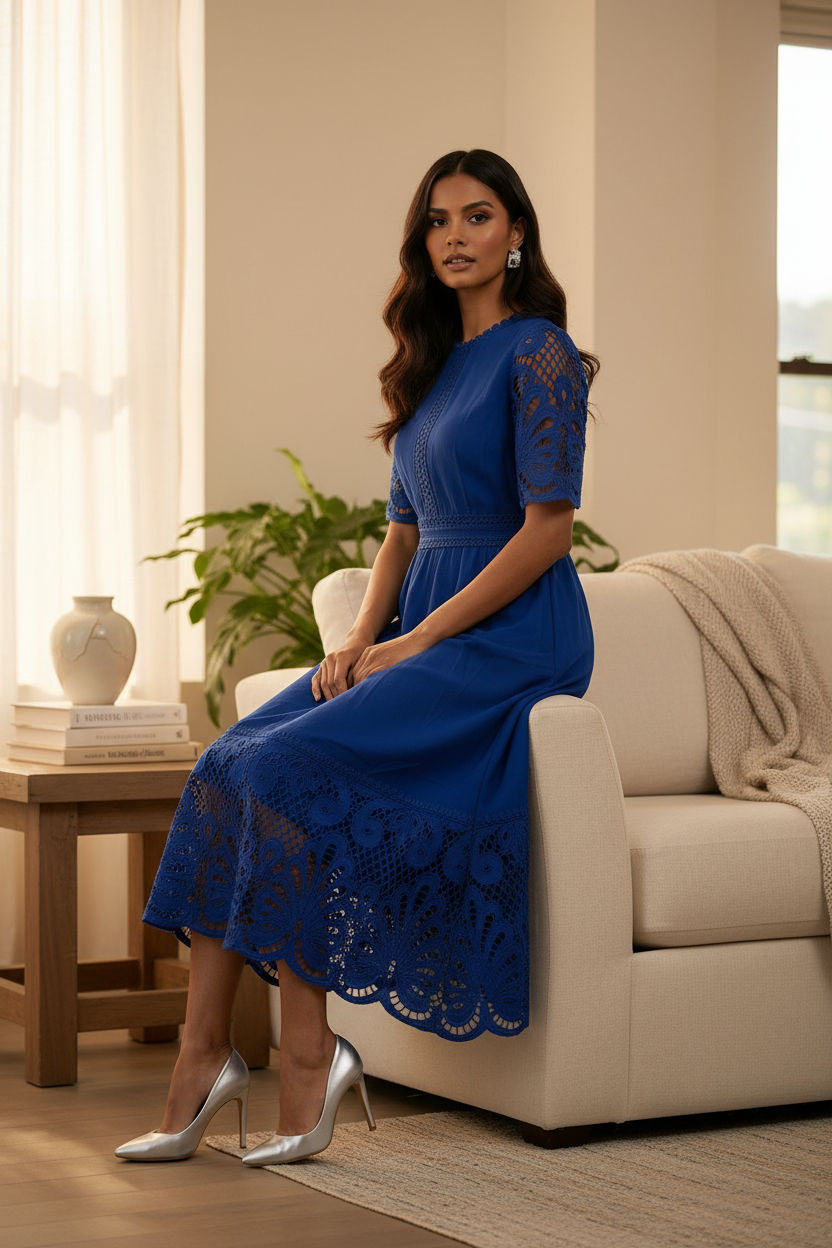 Eyelet Lace Midi Dress in Royal Blue