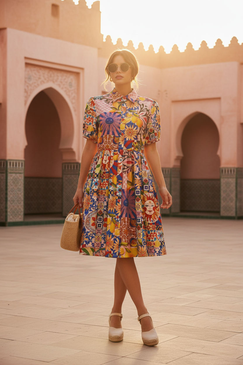 Patchwork Print Button-Down Shirt Dress