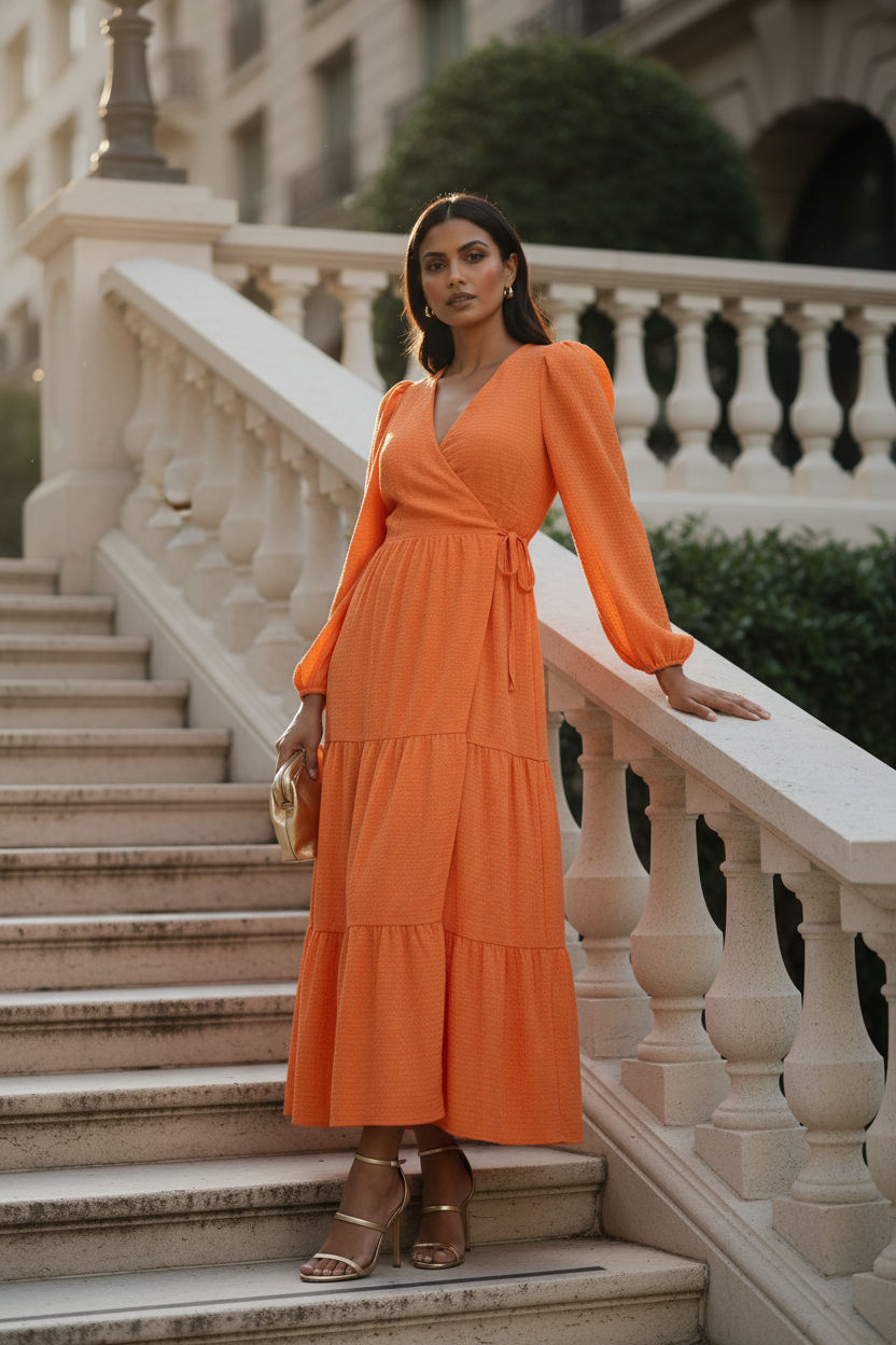 Tiered Wrap Maxi Dress in Orange