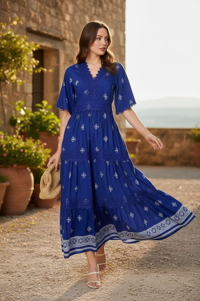 Embroidered Lace Trim Tiered Maxi Dress