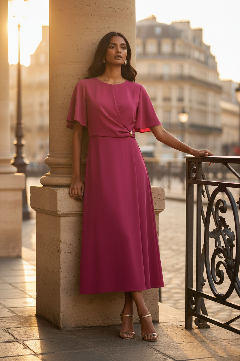 Gold Ring Detail Wrap Front Midi Dress