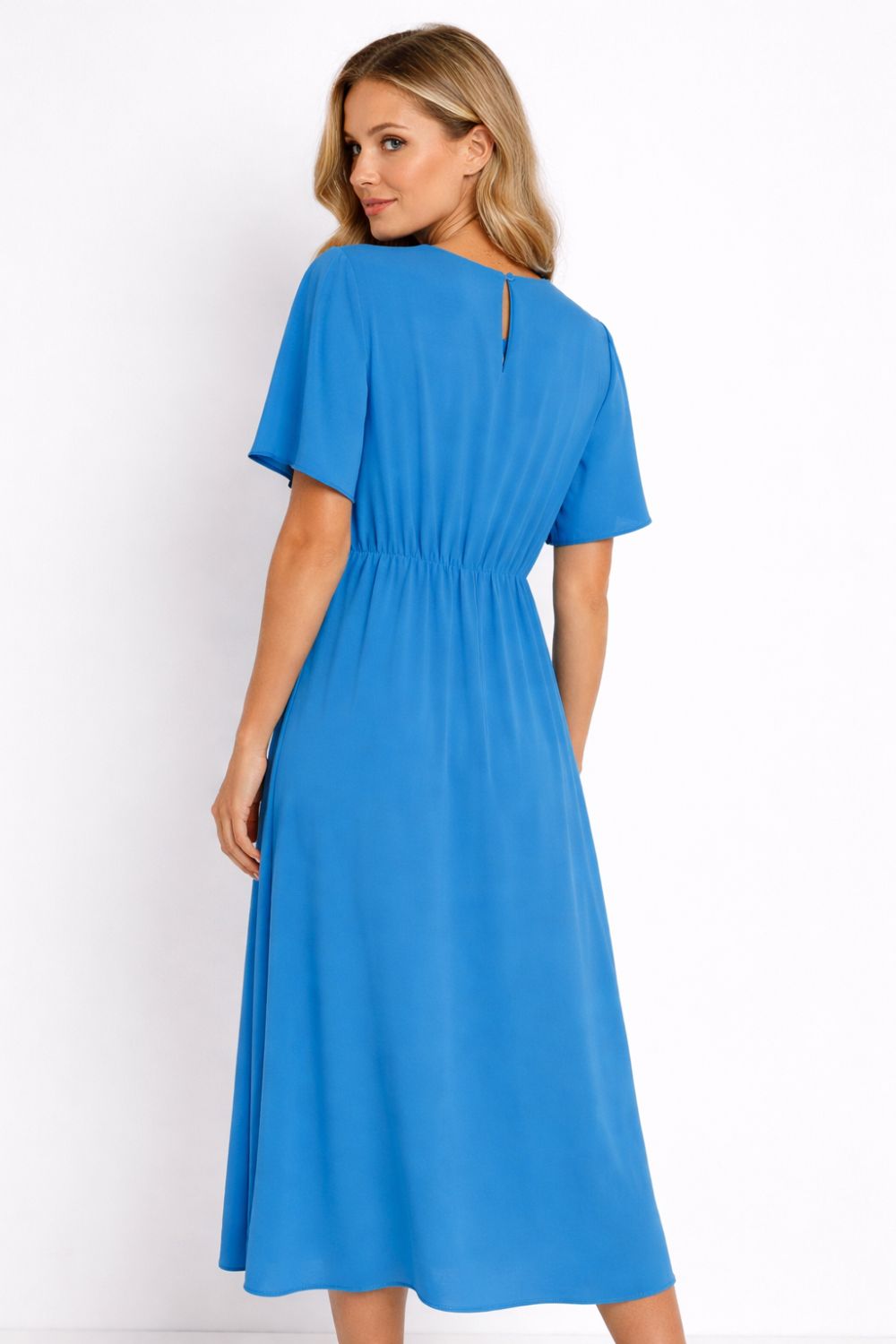 Short Flutter Sleeve Wrap-Style Midi Dress