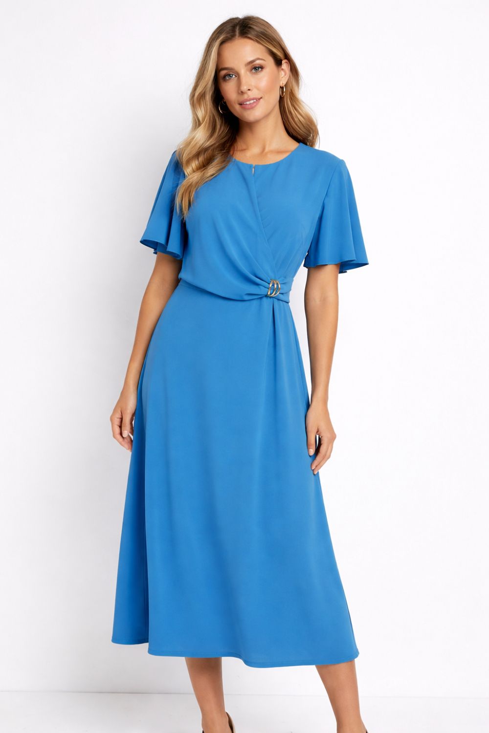 Short Flutter Sleeve Wrap-Style Midi Dress