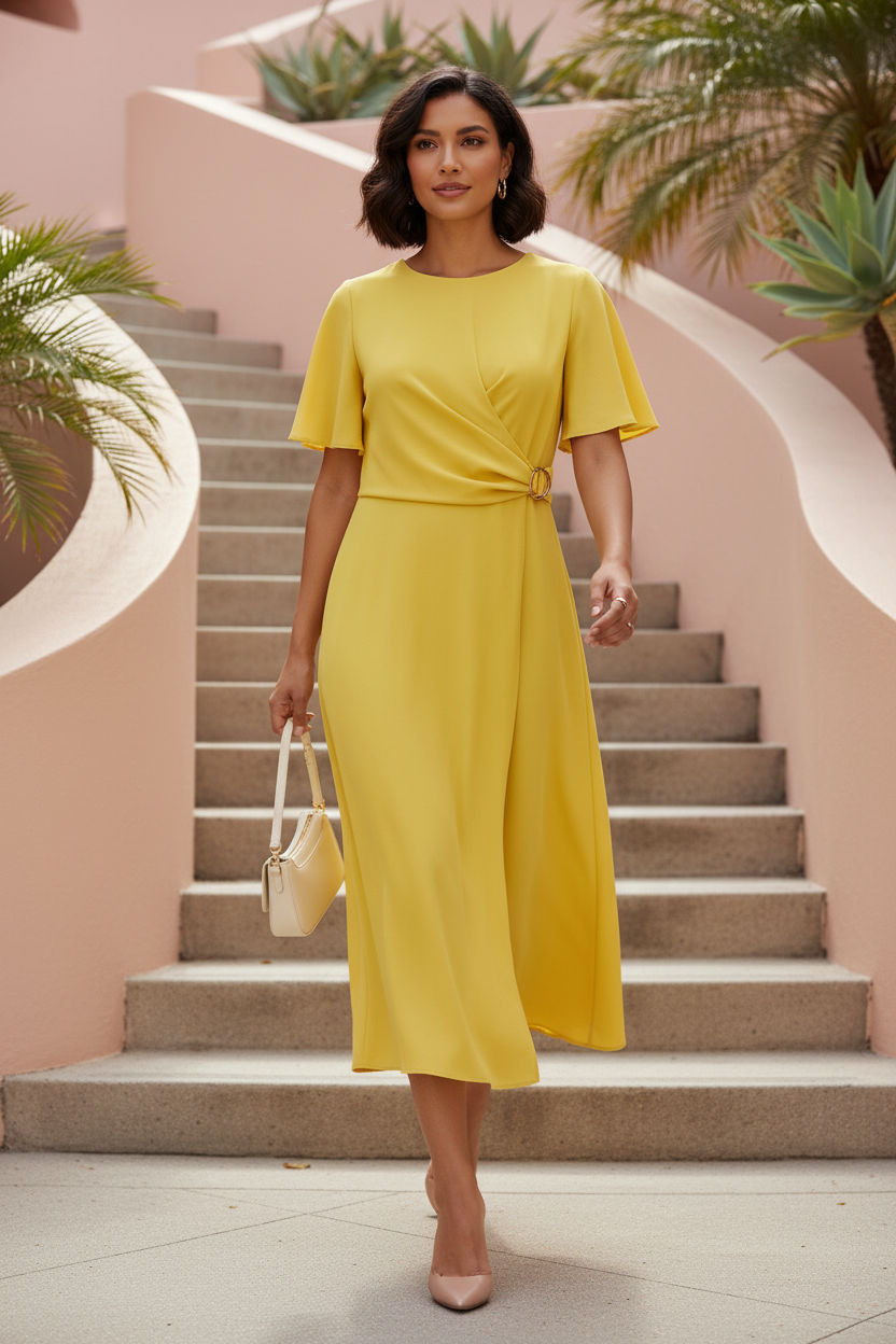 Faux-Wrap Midi Dress with Side Buckle