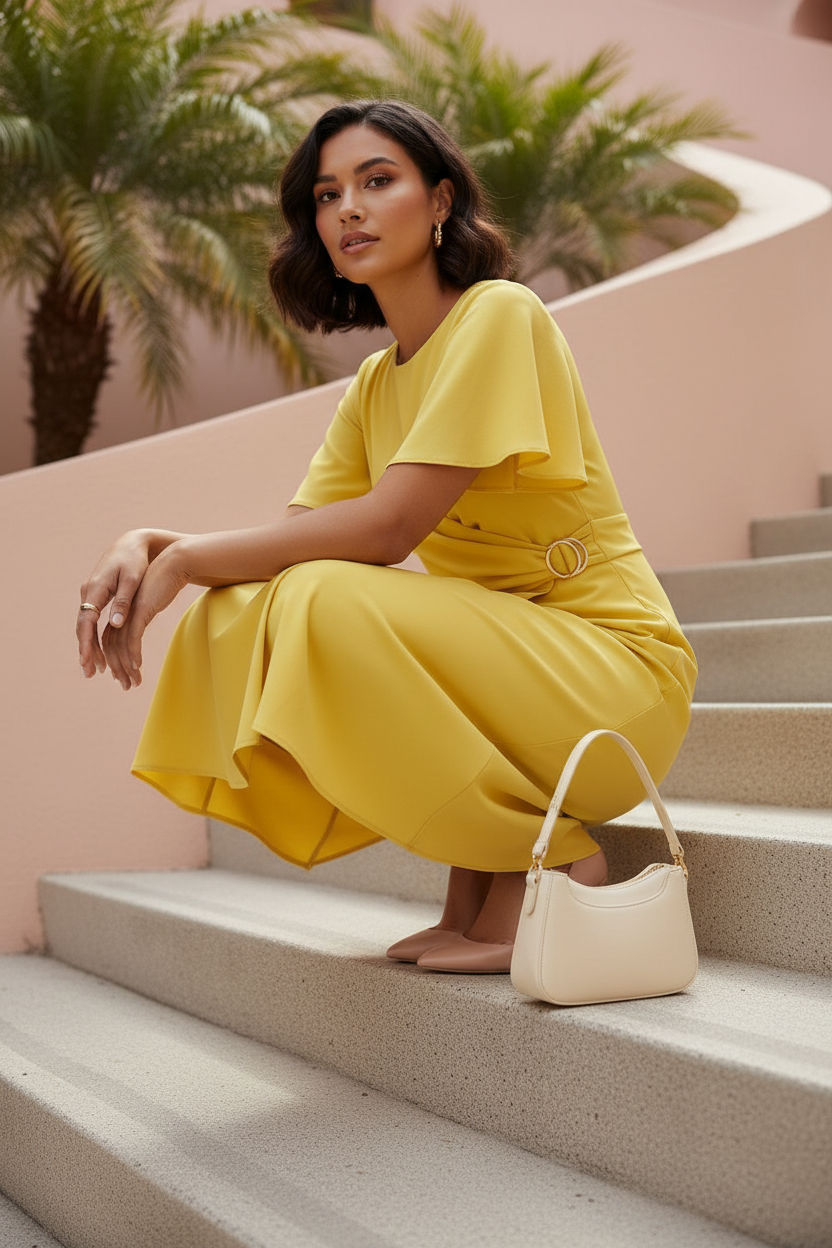 Faux-Wrap Midi Dress with Side Buckle