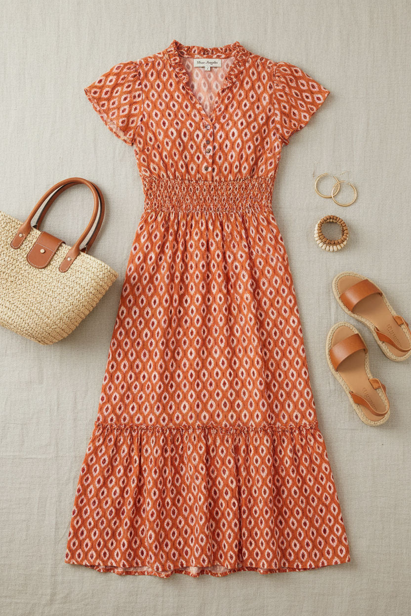 Natalie Printed Smock Dress in Orange