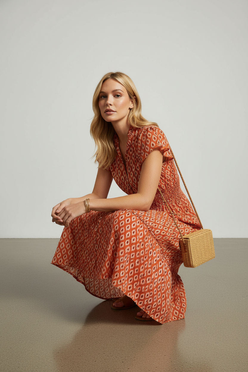 Natalie Printed Smock Dress in Orange