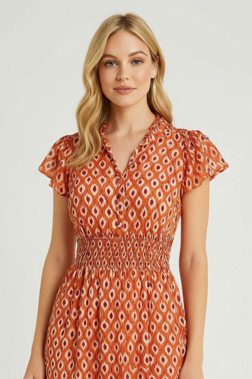 Natalie Printed Smock Dress in Orange