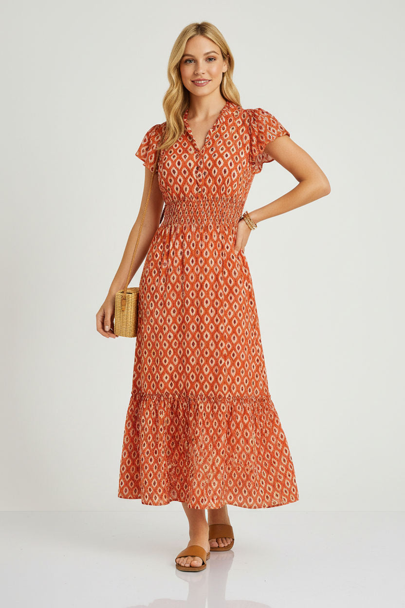 Natalie Printed Smock Dress in Orange