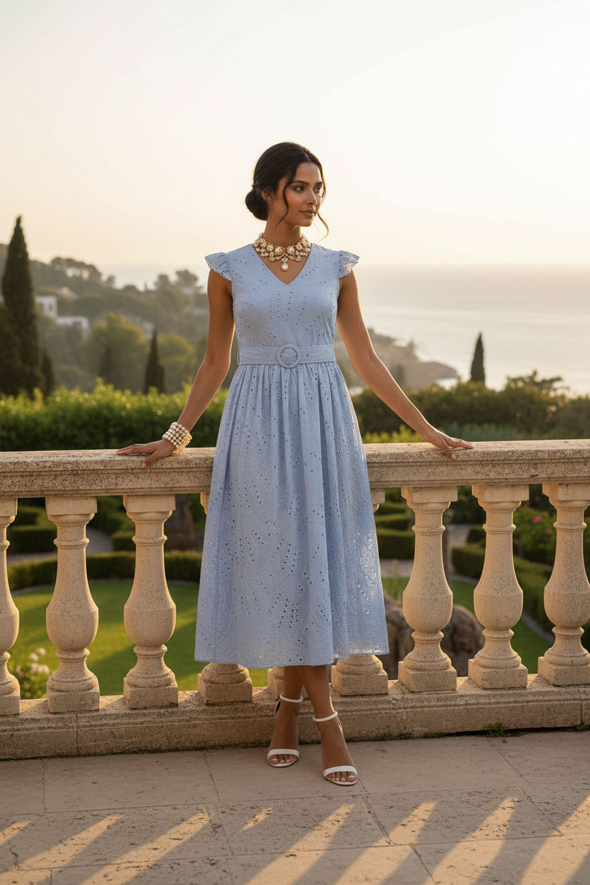 Eyelet Lace Midi Dress in Powder Blue