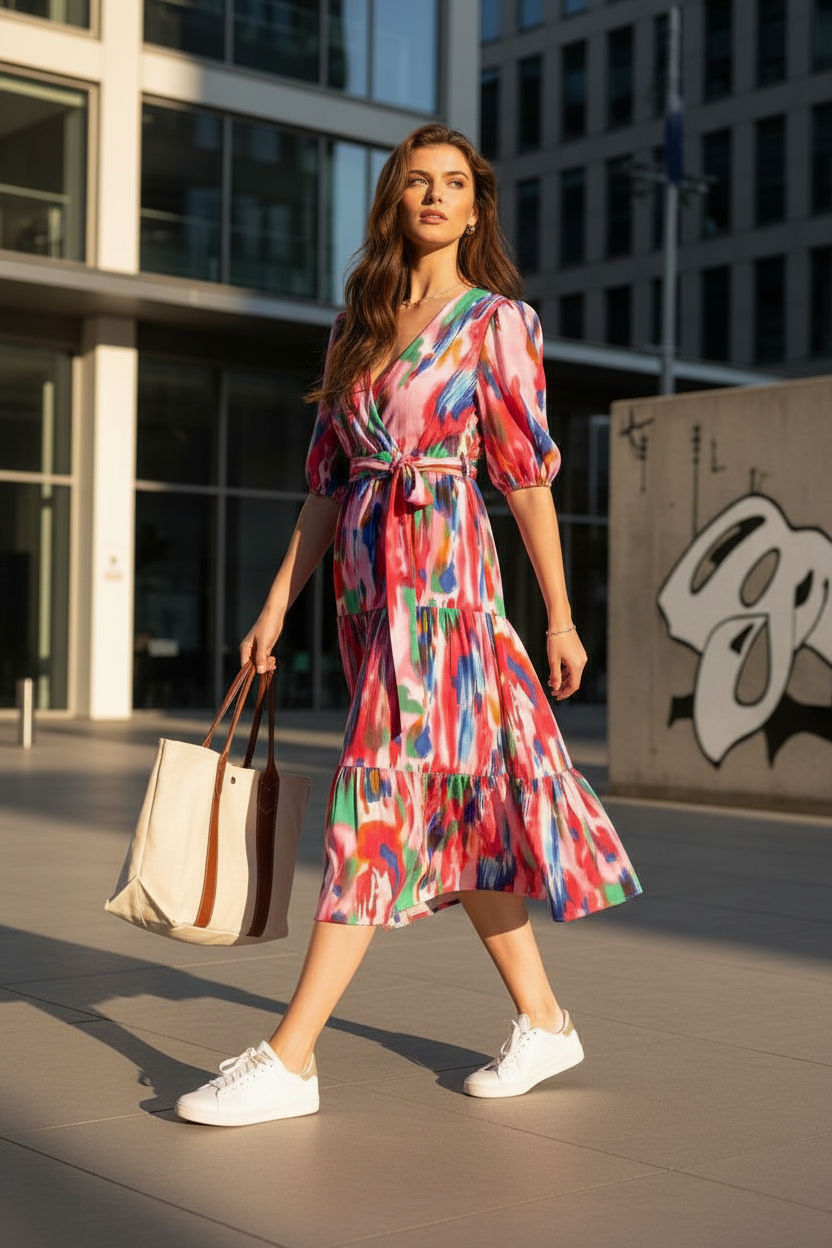 Grace Short Sleeve Smock Midi Dress in Pink Print