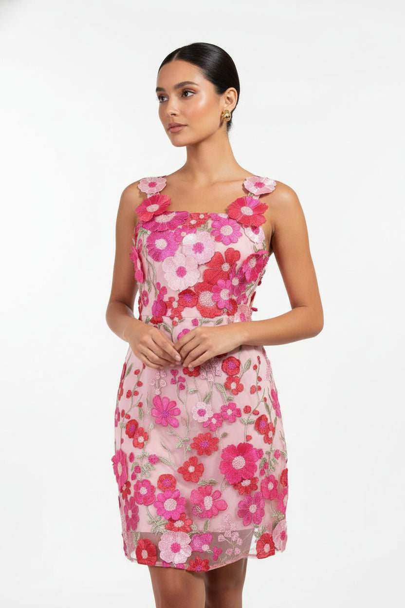 Shauna Lace Applique Short Dress in Cerise