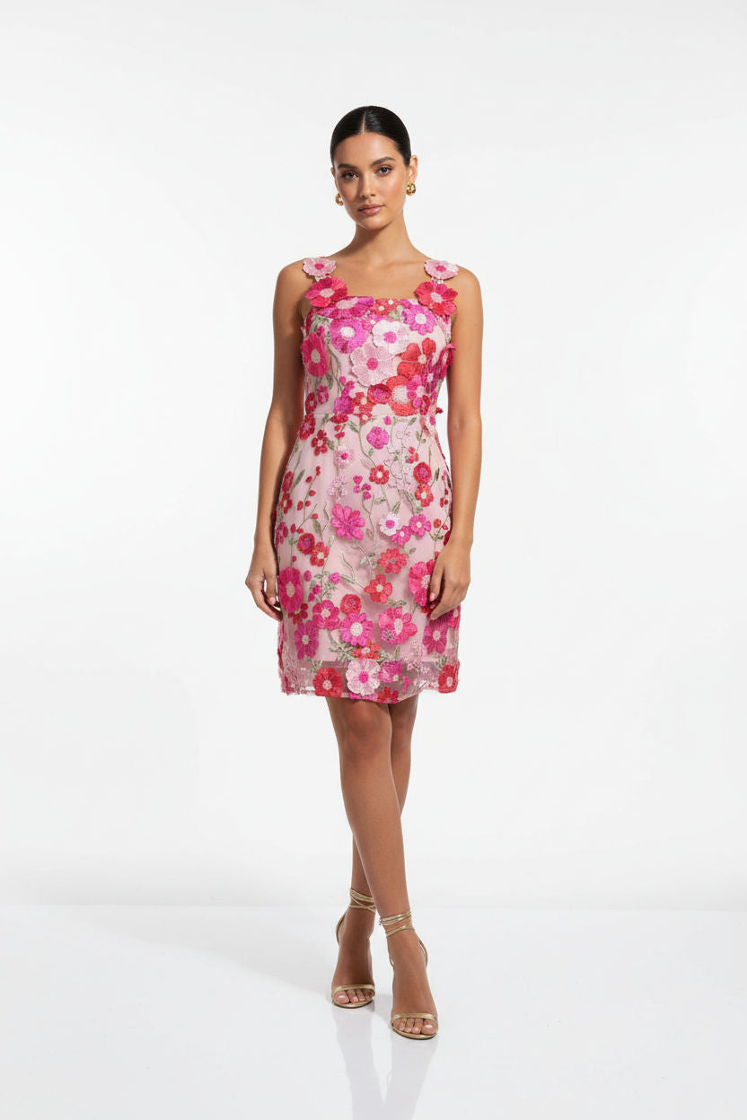 Shauna Lace Applique Short Dress in Cerise