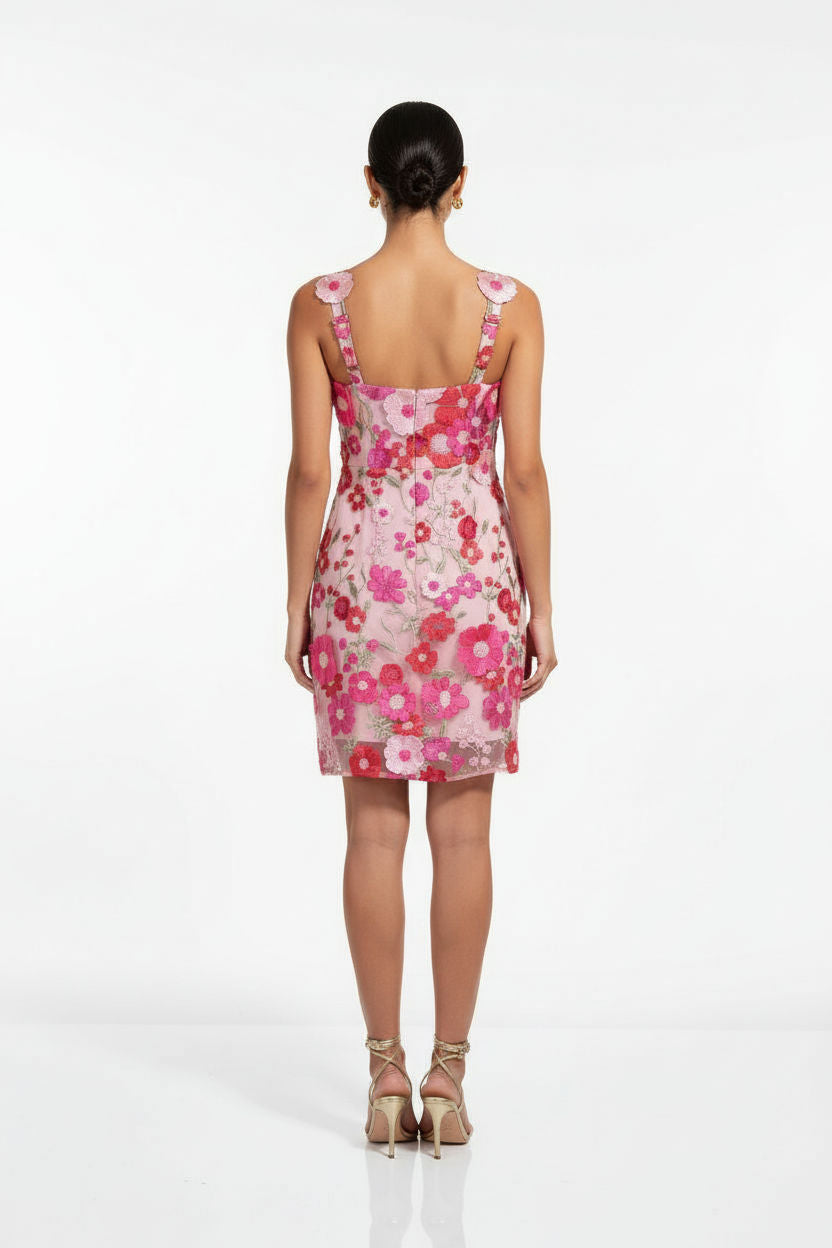 Shauna Lace Applique Short Dress in Cerise