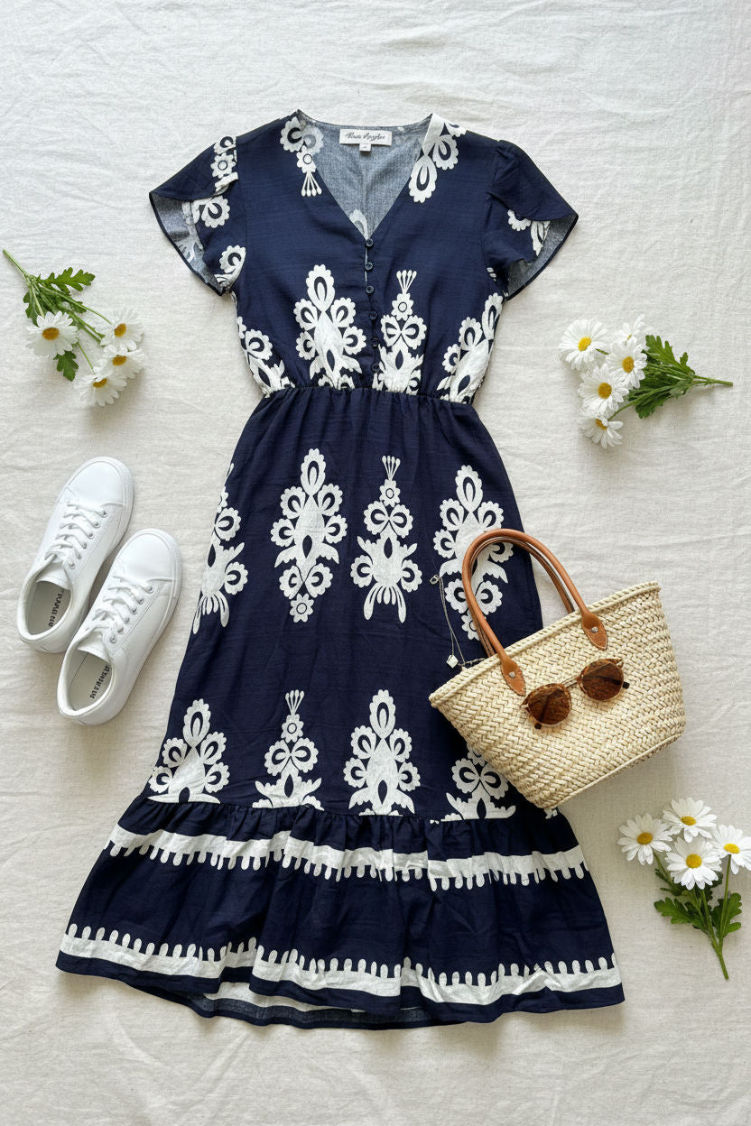 Printed Midi Dress in Navy