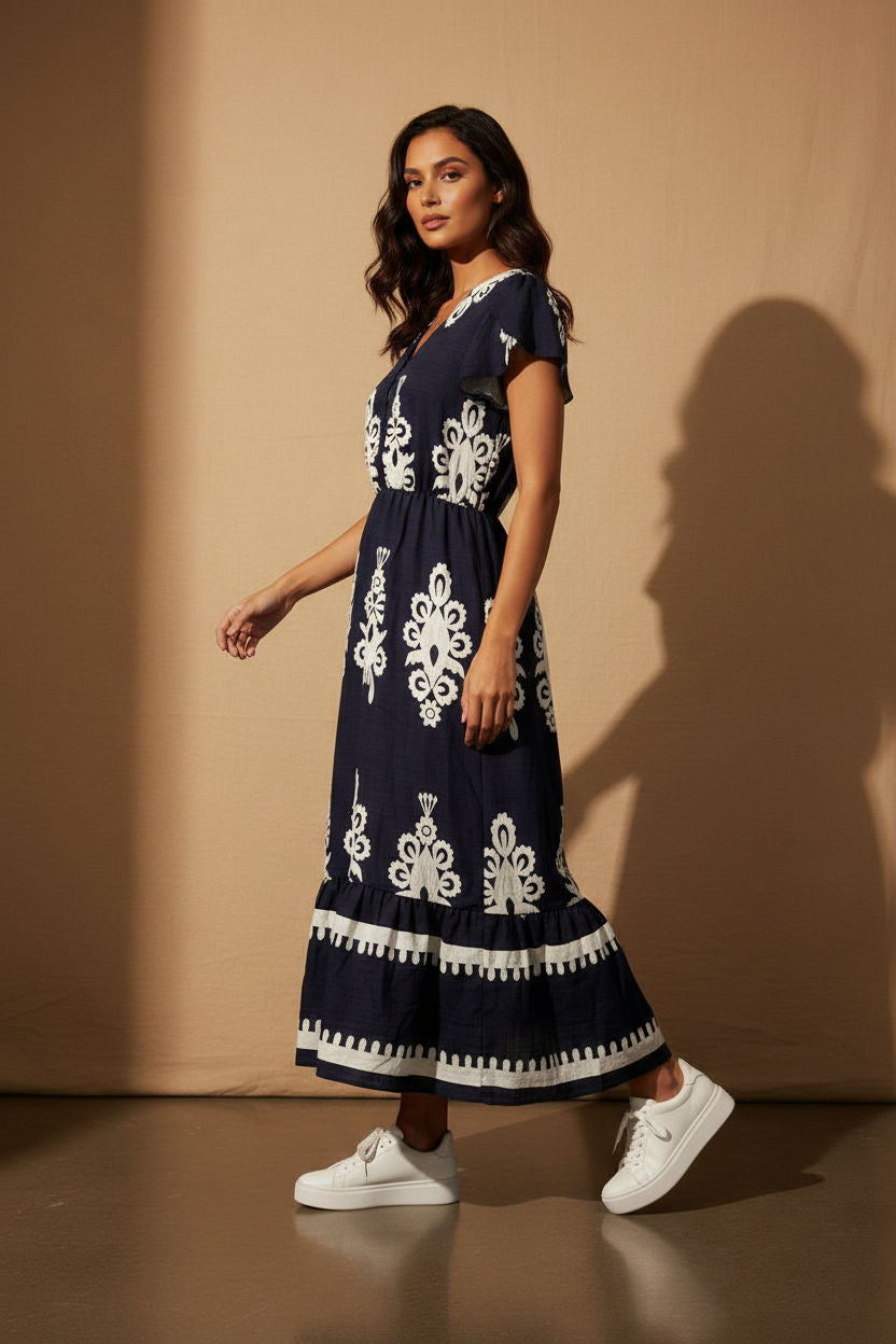 Printed Midi Dress in Navy