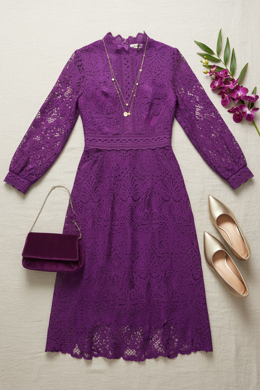 Kate Lace Midi Dress in Purple