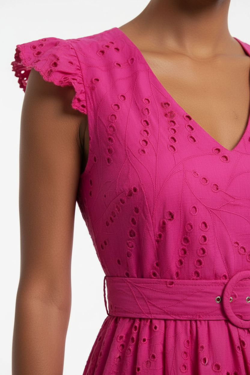 Eyelet V-neck Midi Dress in Pink