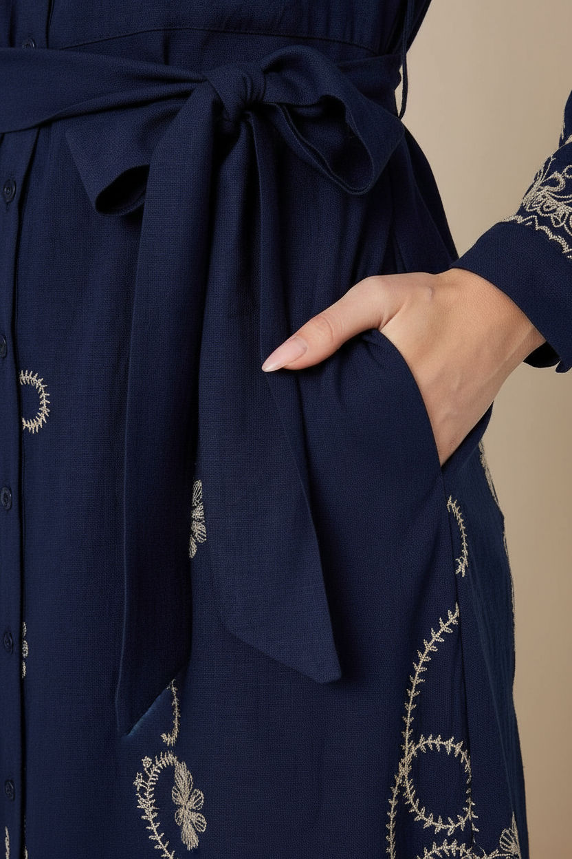 Embroidered Tie-Waist Shirt Dress