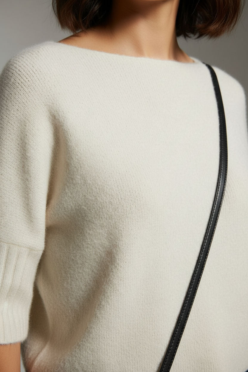 Boat Neck Short Sleeve Knit Sweater in Cream