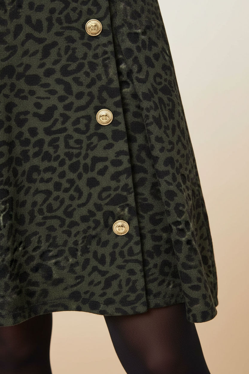 Animal Print Long Sleeve Skater Dress in Black