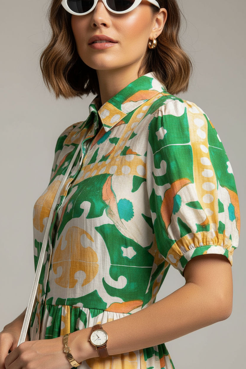 Short-Sleeved Abstract Print Shirt Dress