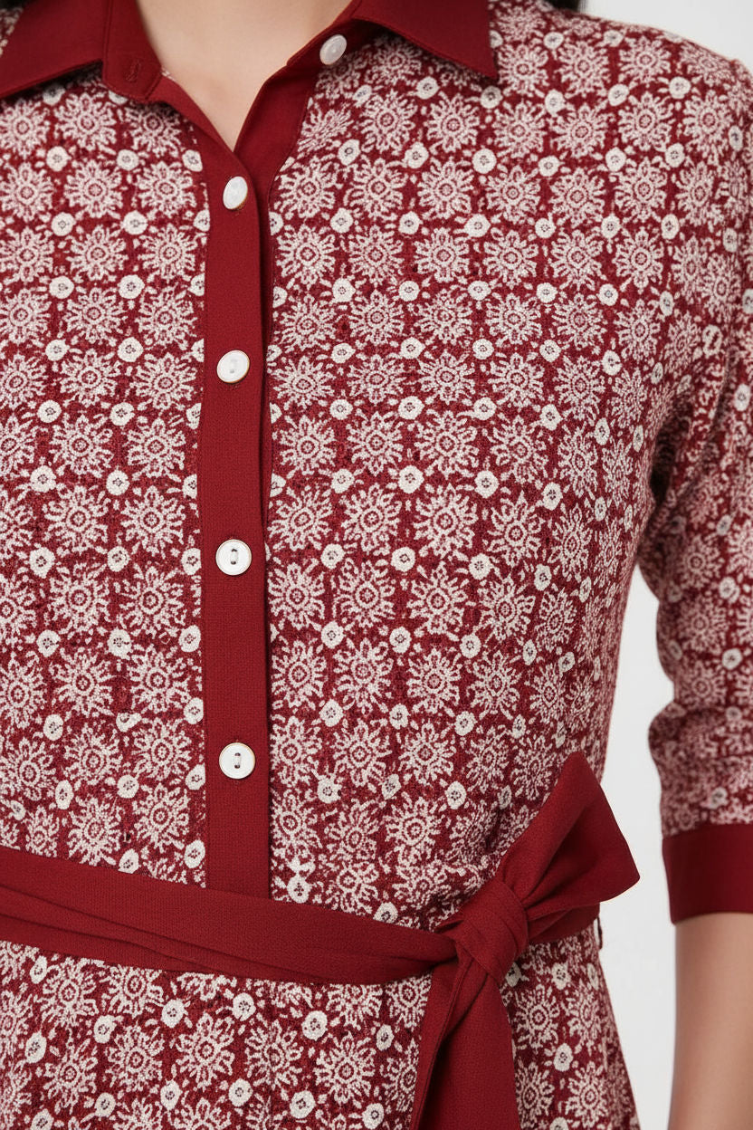 Printed 3/4 Sleeve Tie Waist Maxi Dress in Pink