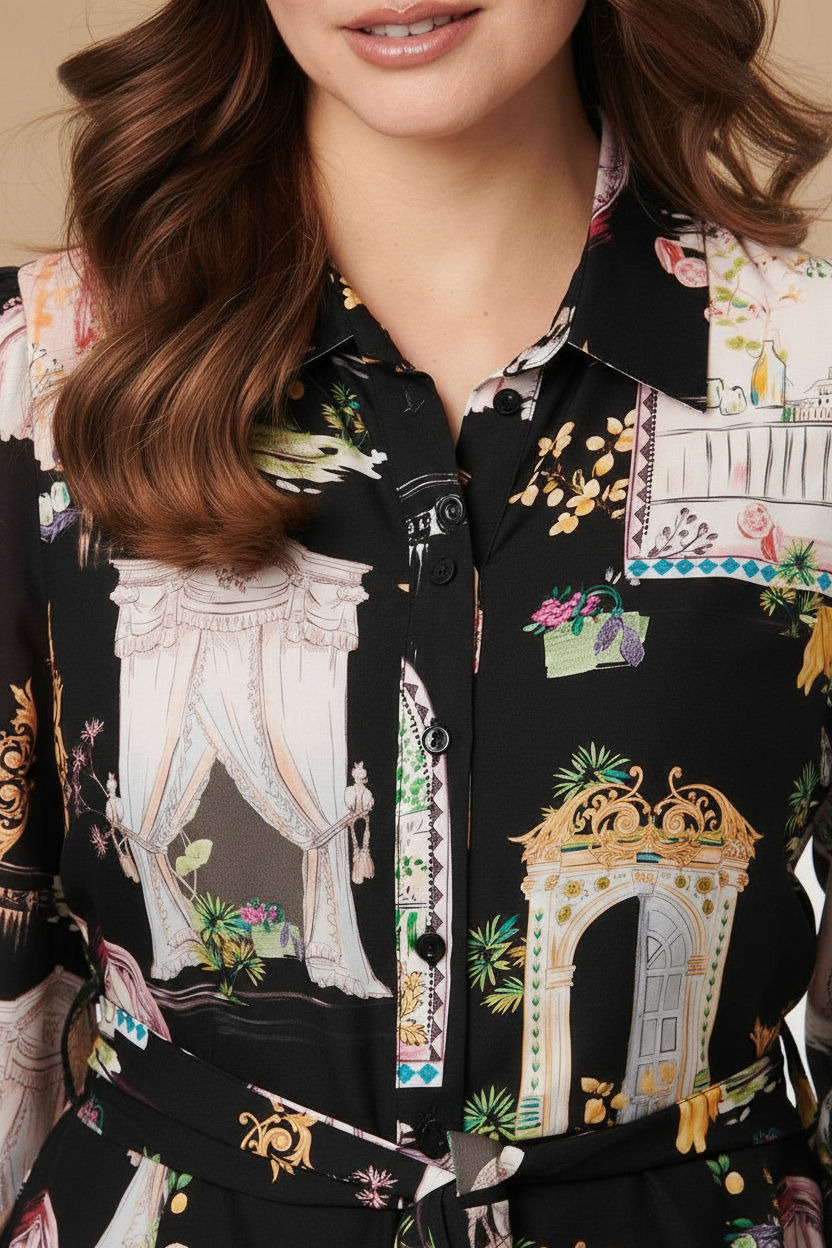 Abstract Long Sleeve Shirt Midi Dress in Black